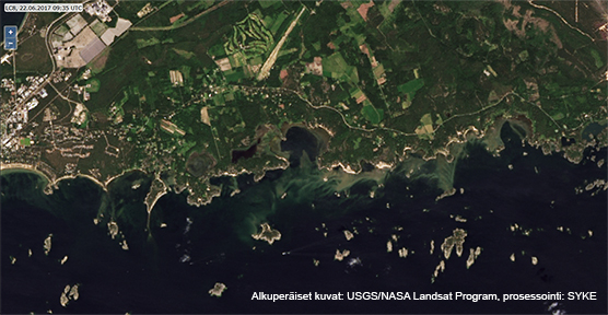 TARKKA on uusi karttapalvelu tarkan maastoerotuskyvyn satelliittikuville. Alkuperäiset kuvat: USGS/NASA Landsat Program, prosessointi: SYKE.